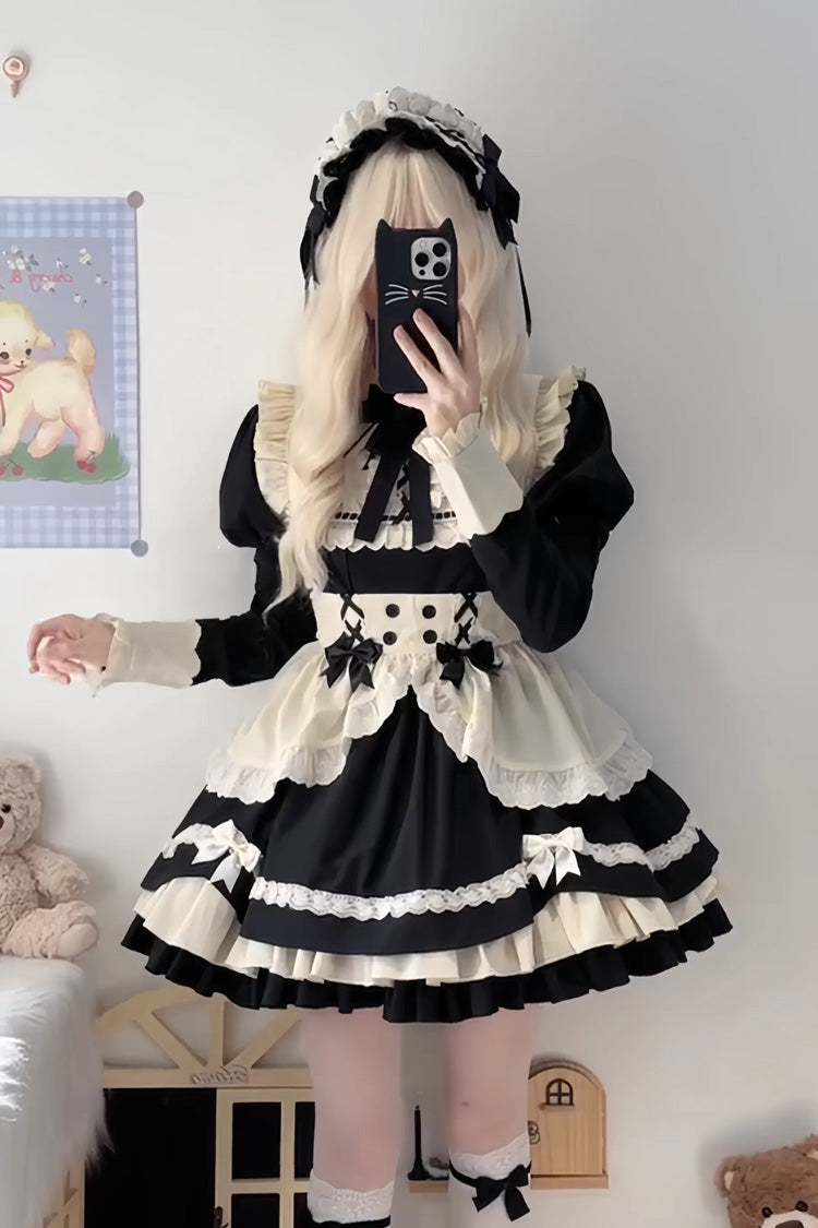 Black/White Short Sleeves Triple-Layered Ruffle Bowknot Lace Sweet Plus Size Maid Lolita Dress Set