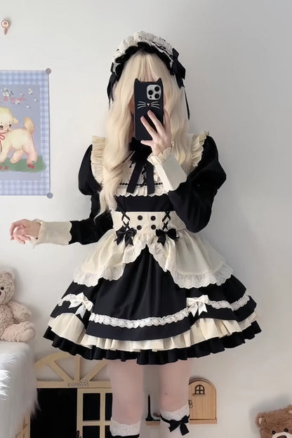 Black/White Short Sleeves Triple-Layered Ruffle Bowknot Lace Sweet Plus Size Maid Lolita Dress Set