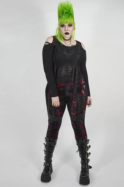 Red Plaid Plus Size Front Splice Imitation Leather Lace-Up Classic Printing Women's Punk Legging