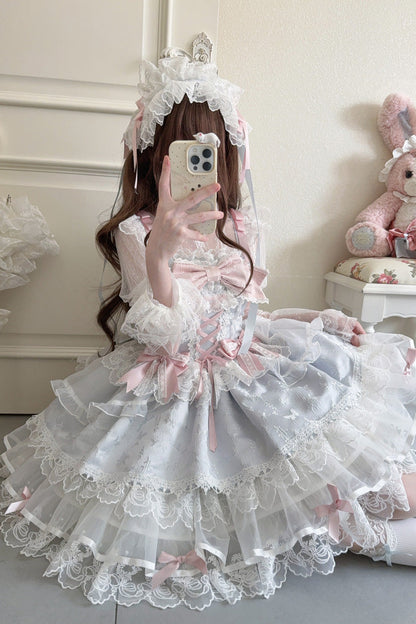 Blue [Fleishi Island] Sleeveless Ruffle Bowknot Lace Slim Sweet Ballet Lolita Jsk Dress