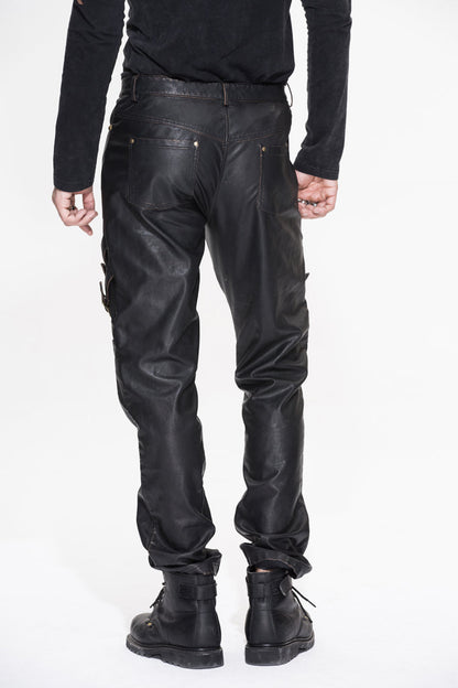 Bronze Multi Loops Zipper Metal Inlay Bandage Hand Rubbed Leather Men's Punk Pants