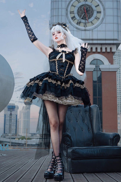 Black [Fleeting Light and Shallow Dream] Sleeveless Multi-Layered Ruffle Bowknot Lace Slim Gothic Ballet Lolita Jsk Dress