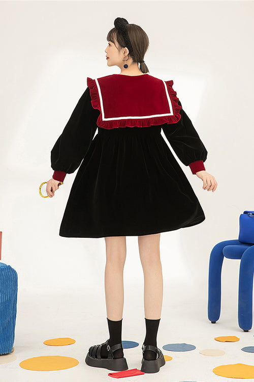 Black Velvet Cat Eye Neck Long Sleeves High Waisted Sweet Lolita OP Dress