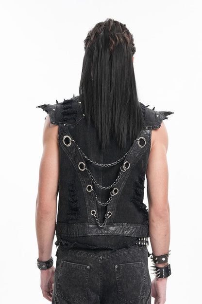 Black Stand Collar Sleeveless Rivets Chain Rings Men's Gothic Vest