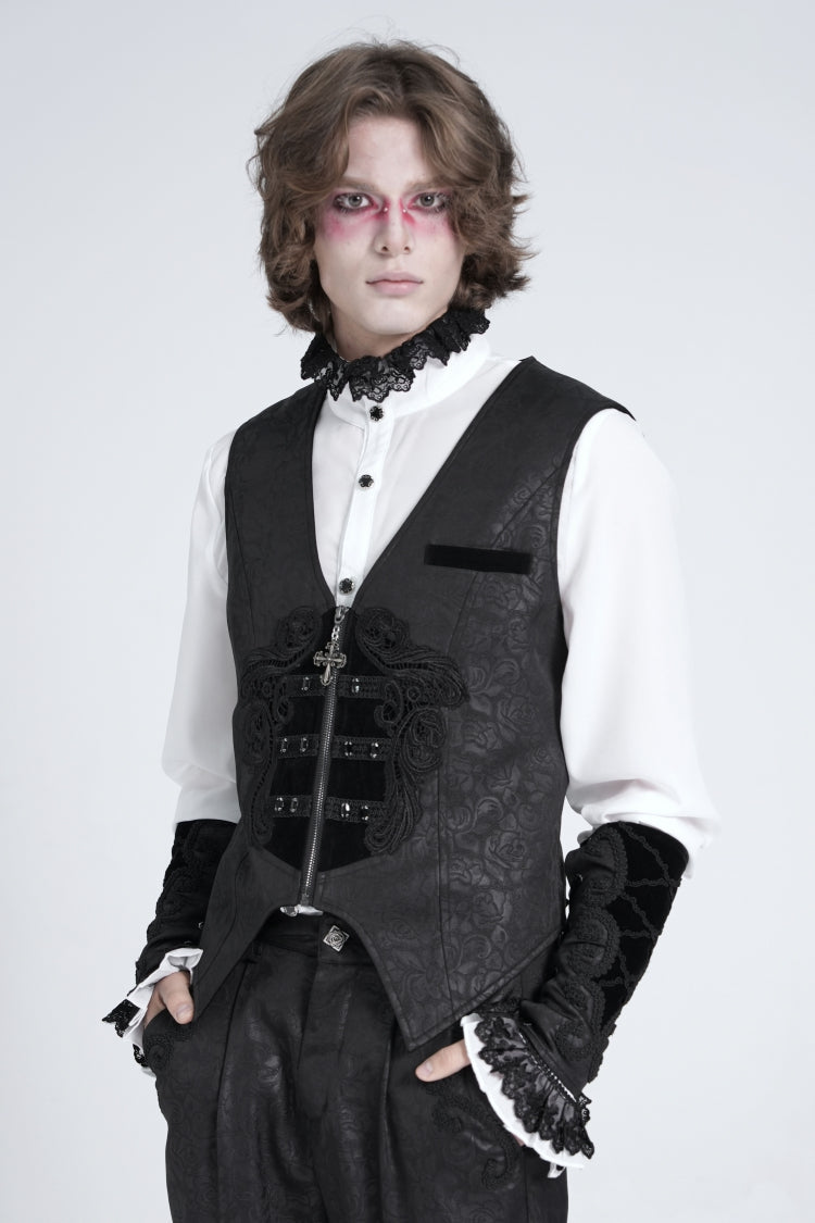 Black Sleeveless Floral Embroidery Stitching Velvet Men's Gothic Vest