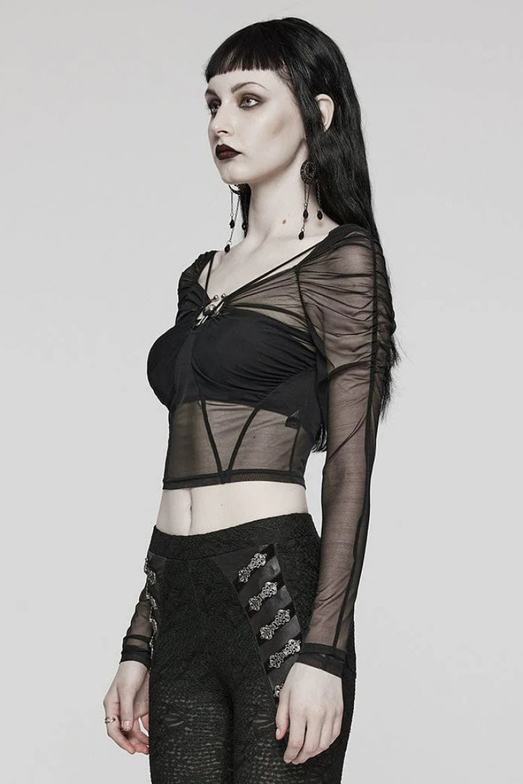 Black Square Collar Long Sleeves Transparent Lace-Up Womens Gothic T-Shirt