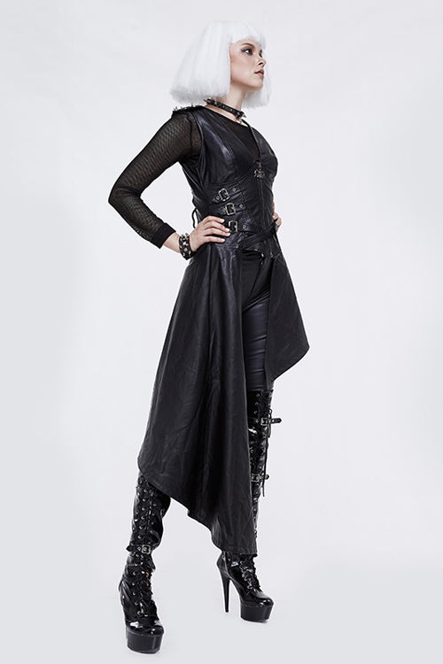 Black Zipper Up Asymmetric Sleeveless Womens Punk Rock Mid Length Leather Dress