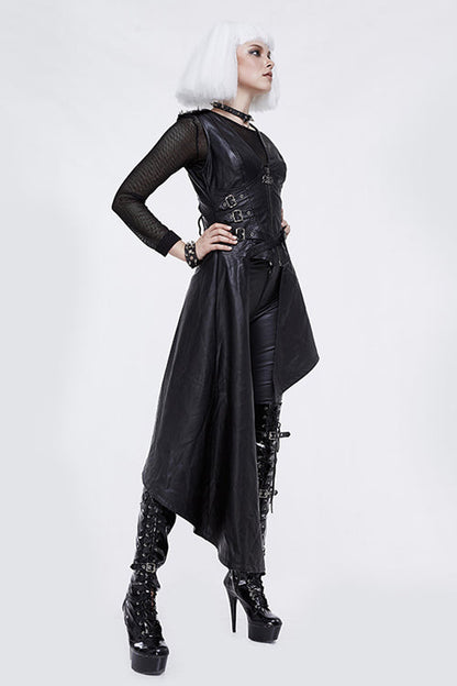 Black Zipper Up Asymmetric Sleeveless Womens Punk Rock Mid Length Leather Dress