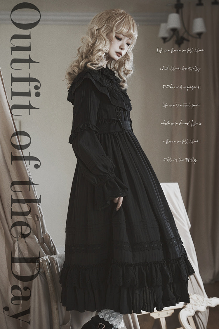 Black [Good Night] Long Sleeves Double-Layered Ruffle Bowknot Lace-Up Holy Gothic Lolita Dress
