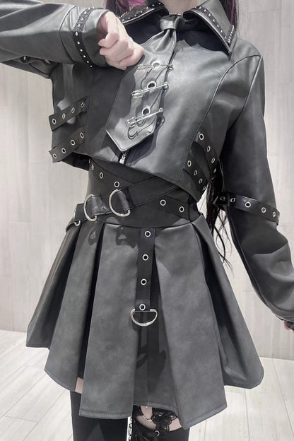 Black [Eternal Night of Bones] Lapel Collar Long Sleeves Studded Eyelet Gothic Jirai Kei Japanese Handsome Top and Skirt Set