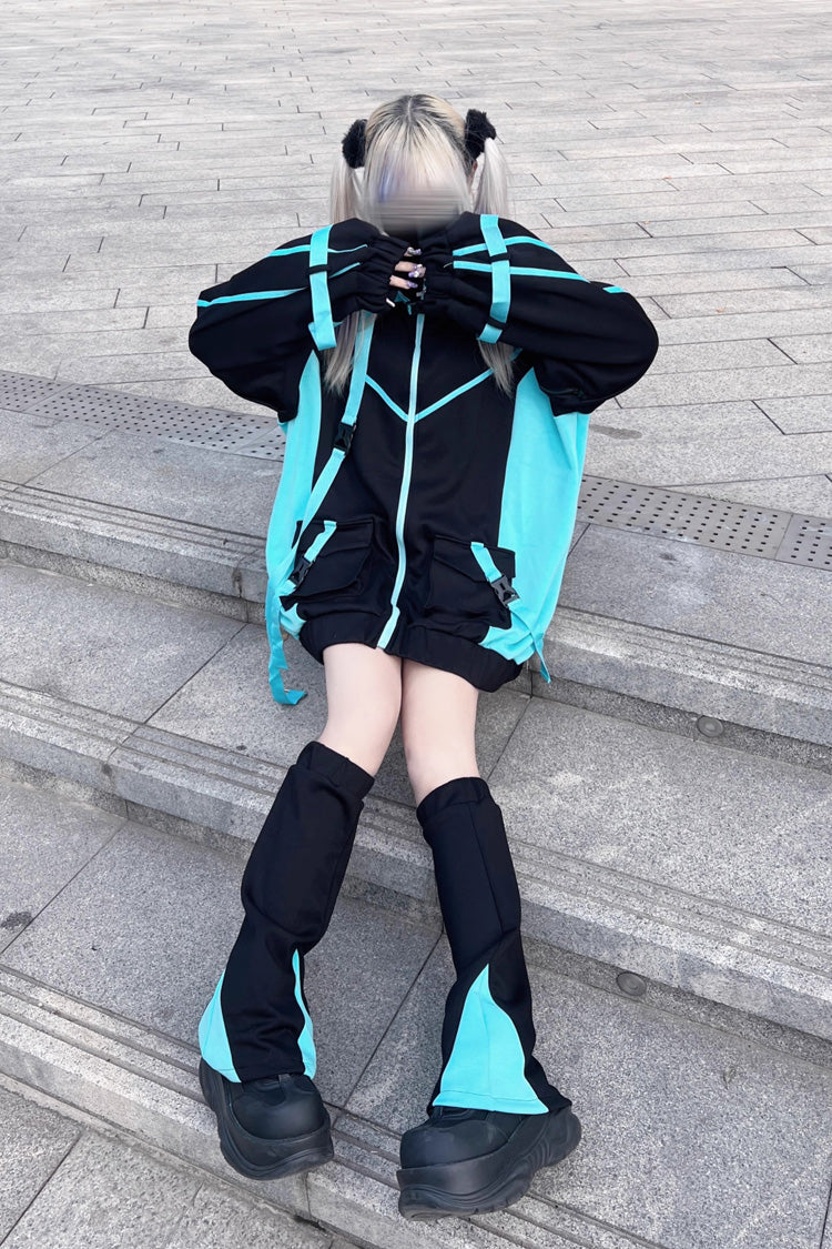 Black/Blue Chip Hacker Cyberpunk Functional Print Hooded Jirai Kei Japanese Sports Coat