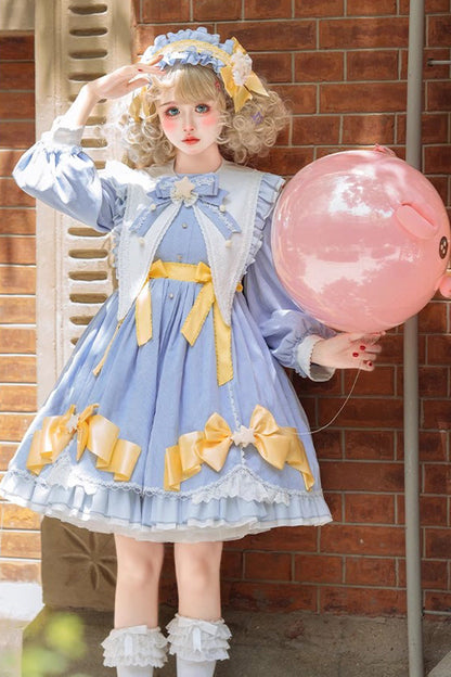 Blue Sleeping Star Long Sleeves Ruffle Bowknot Lace Stitching Sweet Lolita Dress