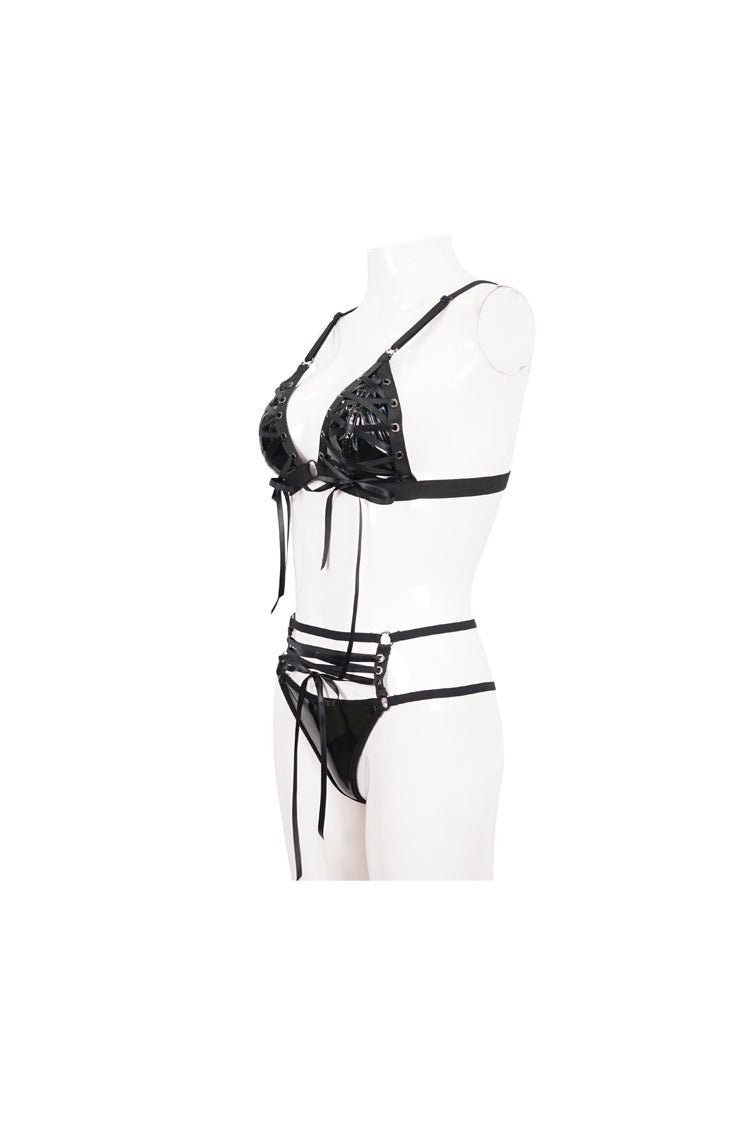 Black Stretch Magic Bright Leather Rope Women's Punk Interesting Underwear Set