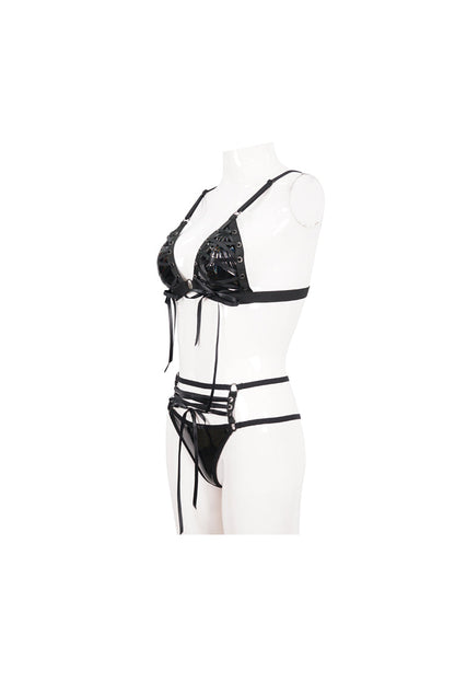Black Stretch Magic Bright Leather Rope Women's Punk Interesting Underwear Set
