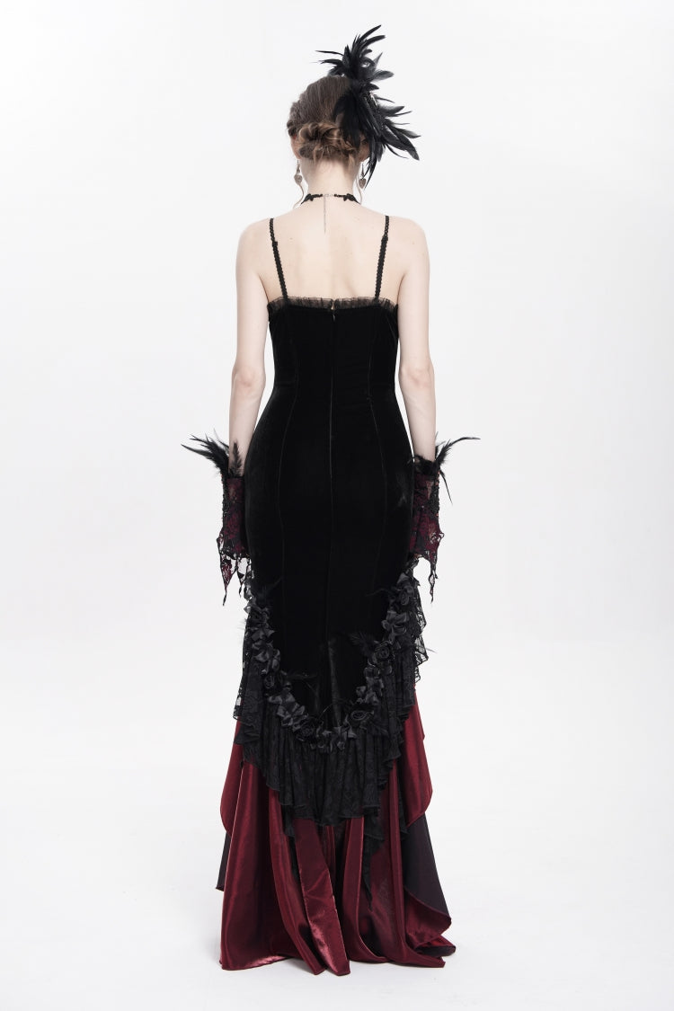 Black/Red Sleeveless Cross Ruffled Floral Embroidered Chain-Decorated Women's Gothic Long Slip Dress