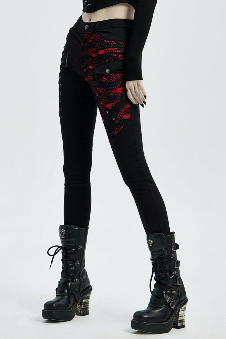 Buttonhole Drawstring Stitching Lace-Up Mesh Women's Steampunk Skinny Jeans Pants 2 Colors