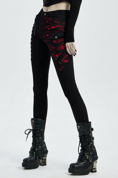 Buttonhole Drawstring Stitching Lace-Up Mesh Women's Steampunk Skinny Jeans Pants 2 Colors