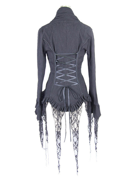 Black Retro Slim Deep V-Neck Tassel Long Sleeve Punk Blouse