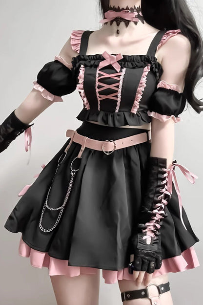 Black/Pink Tie Bow Gothic Sweet Lolita Strapless Skirt Dress 2 Pieces Set