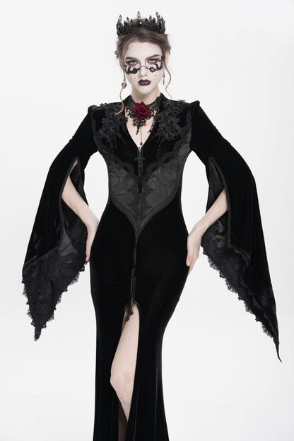 Black V Collar Long Trumpet Sleeves Floral Embroidered Velvet Women's Gothic Dress