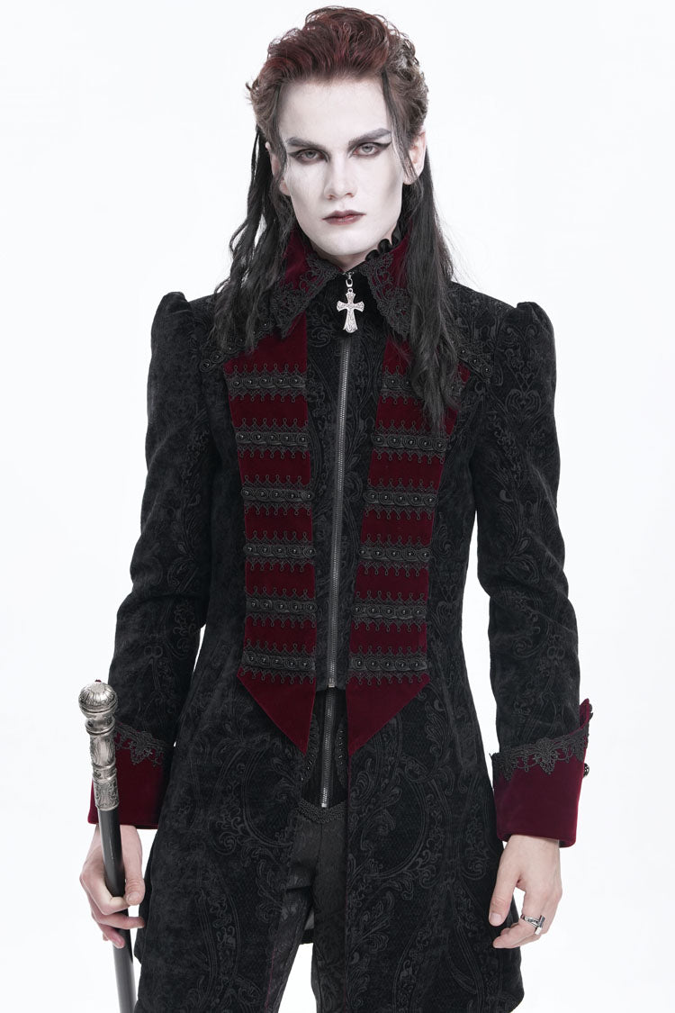 Black/Red Lapel Collar Long Sleeves Crochet  Men's Gothic Jacket