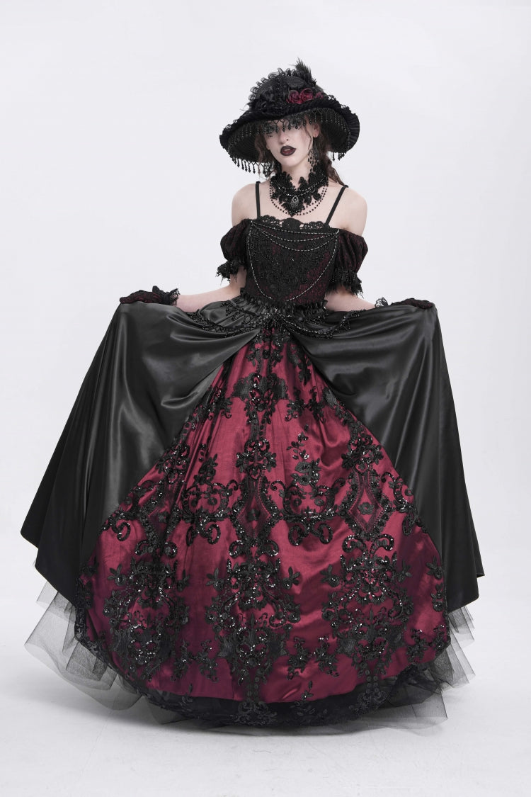 Black/Red Off Shoulder Embroidery Stitching Lace Women's Gothic Dress