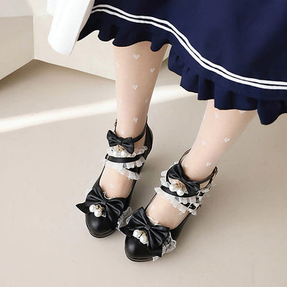 Sweet Ruffled Bow Lace Pearl-Decorated Lolita High Heels 6 Colors