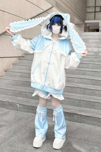 White/Blue Rabbit Ears Long Sleeves Ruffle Hooded Jirai Kei Japanese Coat