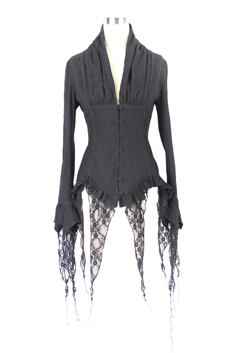 Black Retro Slim Deep V-Neck Tassel Long Sleeve Punk Blouse