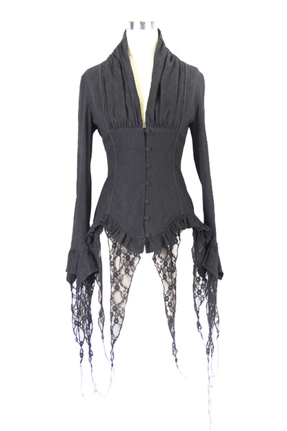 Black Retro Slim Deep V-Neck Tassel Long Sleeve Punk Blouse