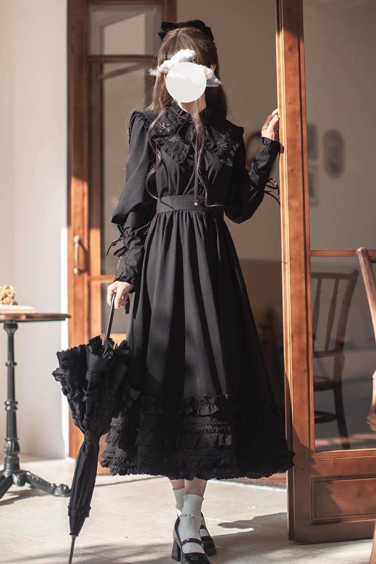 Black [Wind Kissed Tulips] Long Sleeves Ruffle Embroidery Bowknot Gothic Vintage Elegant Lolita Dress