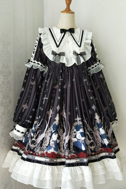 Black Rabbit'S Requiem Round Collar Long Sleeves College Style Gothic Lolita OP Dress