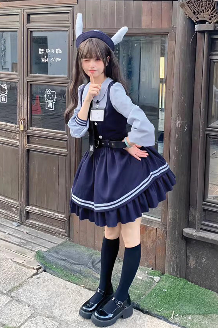 Blue [Rabbit Officer] Long Sleeves Printed Ruffled Faux Two-Piece College Style Sweet Lolita Dress