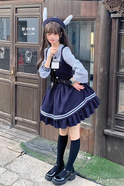 Blue [Rabbit Officer] Long Sleeves Printed Ruffled Faux Two-Piece College Style Sweet Lolita Dress