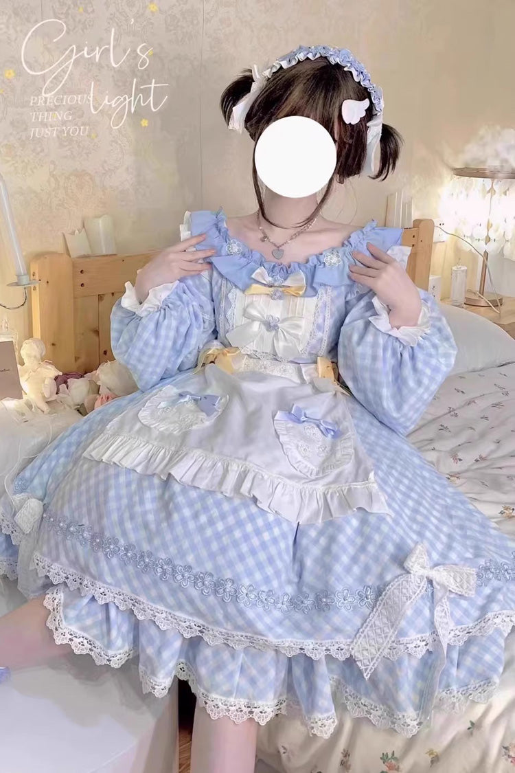 Blue Plaid Print Long Sleeves Bowknot Lace Sweet Lolita Dress