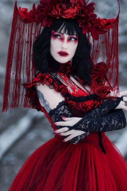 Black/Red Stand Collar Sleeveless Printed Hanayome Lace Lace-Up Women's Gothic Elegant Dress Wedding Dress