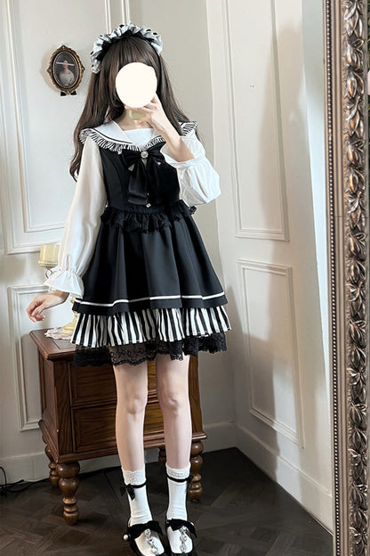 Black [Twilight Song] Stripe Print Bowknot Lace Jirai Kei Jumper Dress