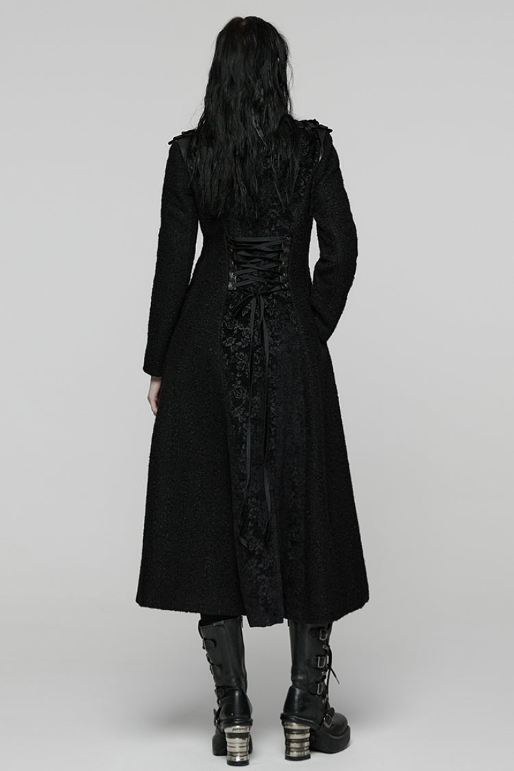 Black Stand Collar Long Sleeves Jacquard Zipper Double-Breasted Women's Punk Coat