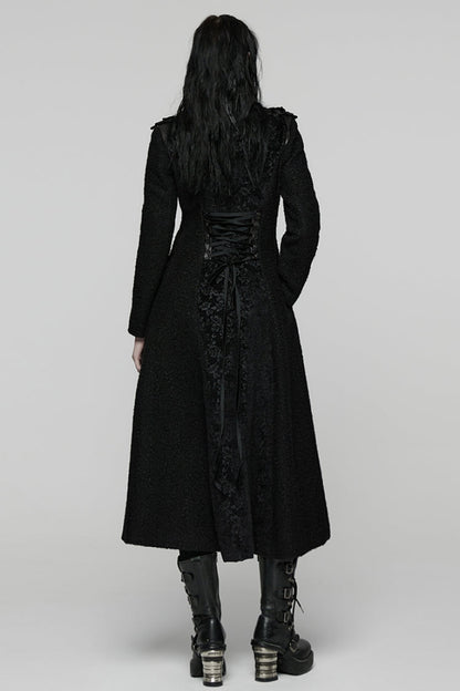 Black Stand Collar Long Sleeves Jacquard Zipper Double-Breasted Women's Punk Coat