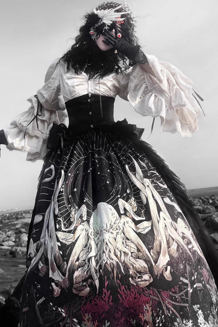 Black [Reborn Ancient God] Long Hime Sleeves Print Lace Gothic Lolita Skirt Dress Set