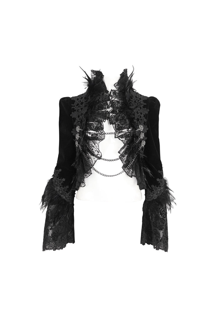 Black Stand Collar Trumpet Sleeves Embroidery Stitching Lace Women's Gothic Jacket