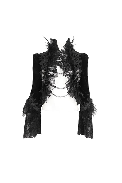 Black Stand Collar Trumpet Sleeves Embroidery Stitching Lace Women's Gothic Jacket