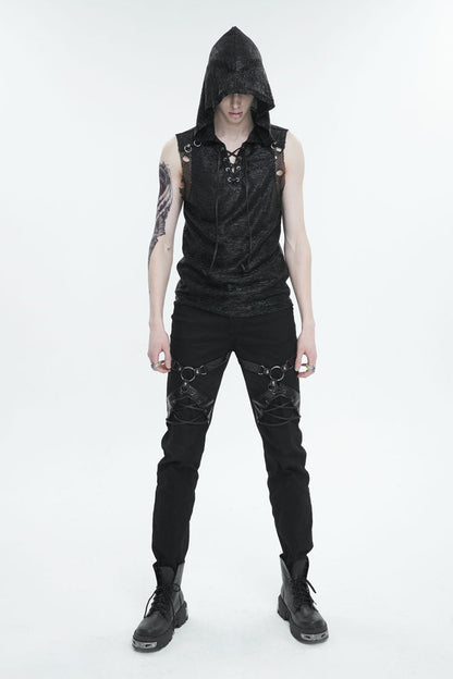 Black Strappy Mesh Splice Men's Punk Vest With Hood