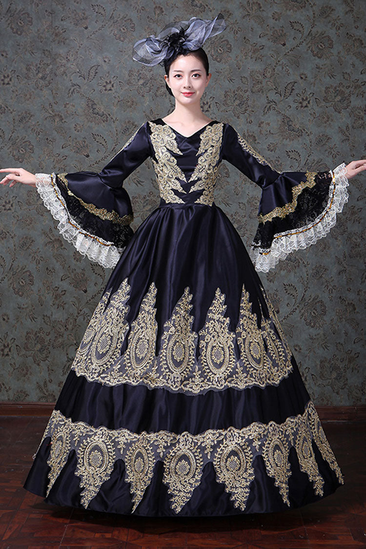 Black Trumpet Sleeves High Waisted Hollow Embroidery Print Victorian Lolita Prom Dress