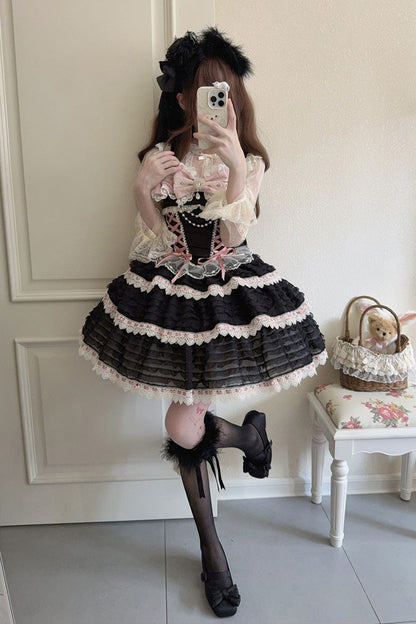 Black [Song of Floral Letters] Sleeveless Triple-Layered Bowknot Lace-Up Sweet Lolita Jsk Dress