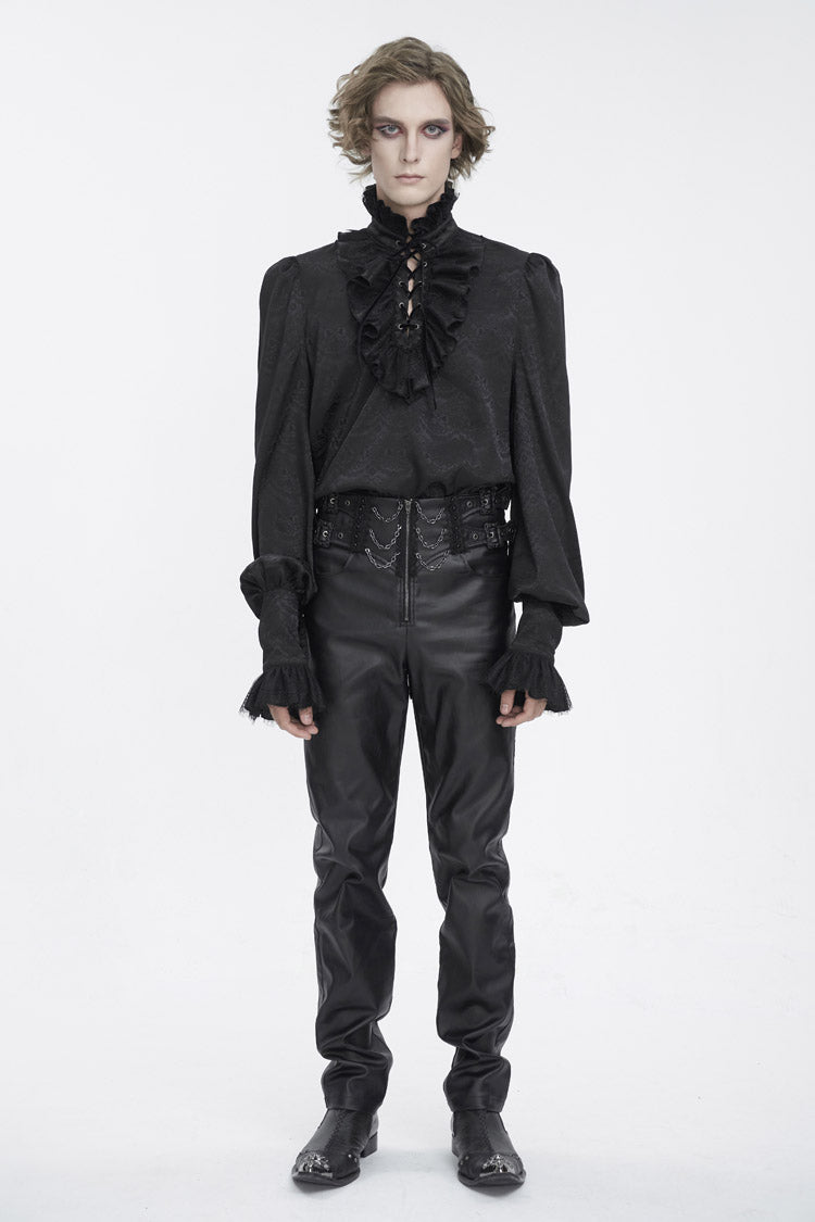 Black Stand Collar Long Sleeves Jacquard Ruffle Men's Gothic Blouse