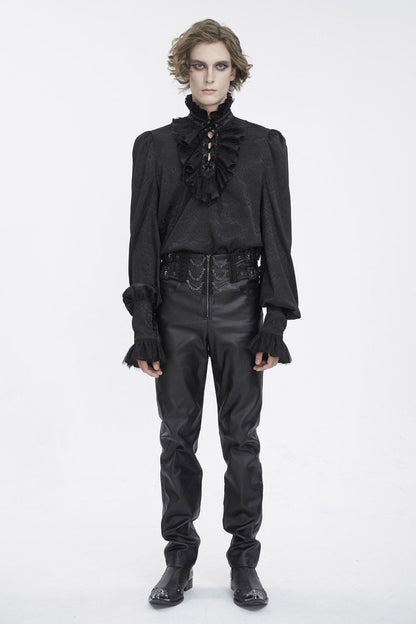 Black Stand Collar Long Sleeves Jacquard Ruffle Men's Gothic Blouse
