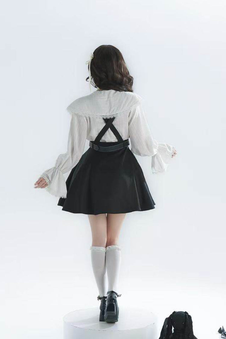 Black/White Lapel Collar Long Sleeves Ruffled Bow Classic Lolita Strap Dress Set