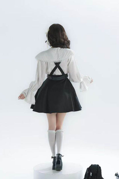 Black/White Lapel Collar Long Sleeves Ruffled Bow Classic Lolita Strap Dress Set