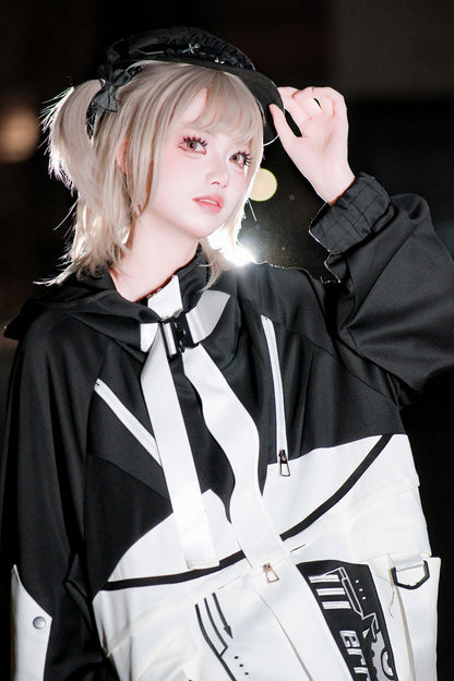 Black/White [Zero-Type Transformation] Techwear Long Sleeves Embroidered Hooded Punk Jirai Kei Shorts Coat Set